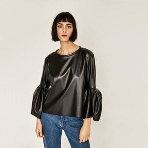 Preloved Zara black faux leather bell sleeve top, XS